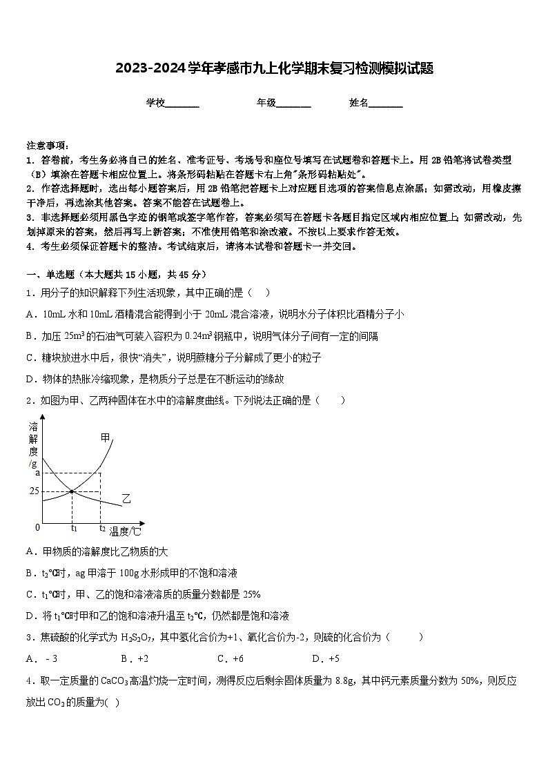 2023-2024学年孝感市九上化学期末复习检测模拟试题含答案第1页