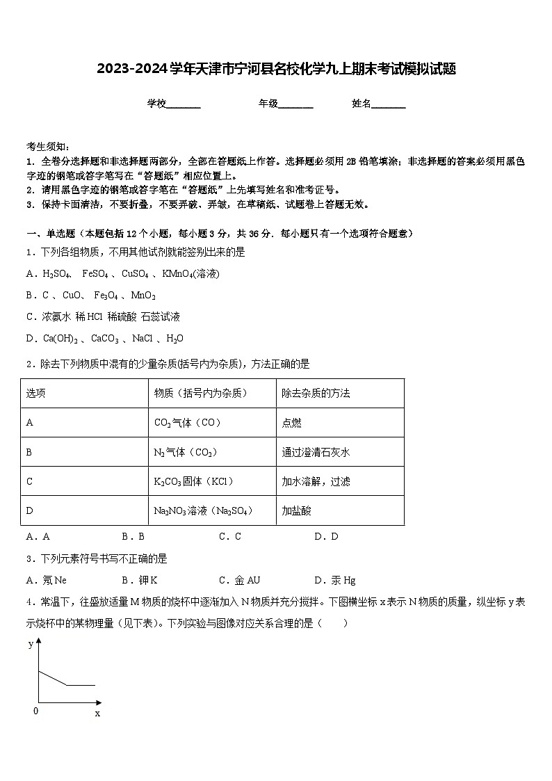 2023-2024学年天津市宁河县名校化学九上期末考试模拟试题含答案第1页