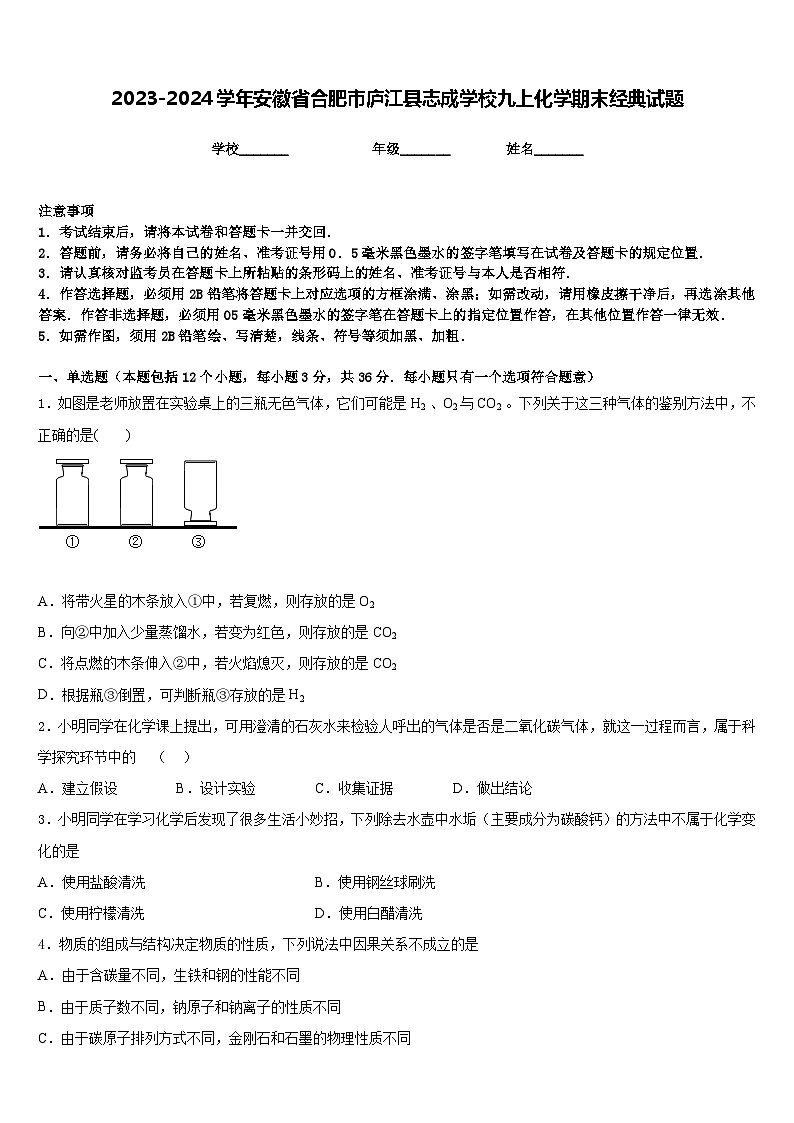 2023-2024学年安徽省合肥市庐江县志成学校九上化学期末经典试题含答案01