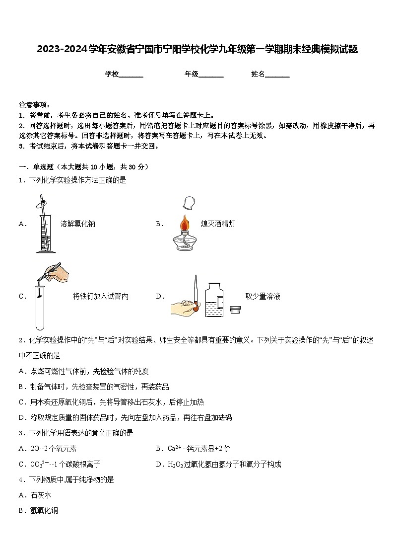 2023-2024学年安徽省宁国市宁阳学校化学九年级第一学期期末经典模拟试题含答案第1页