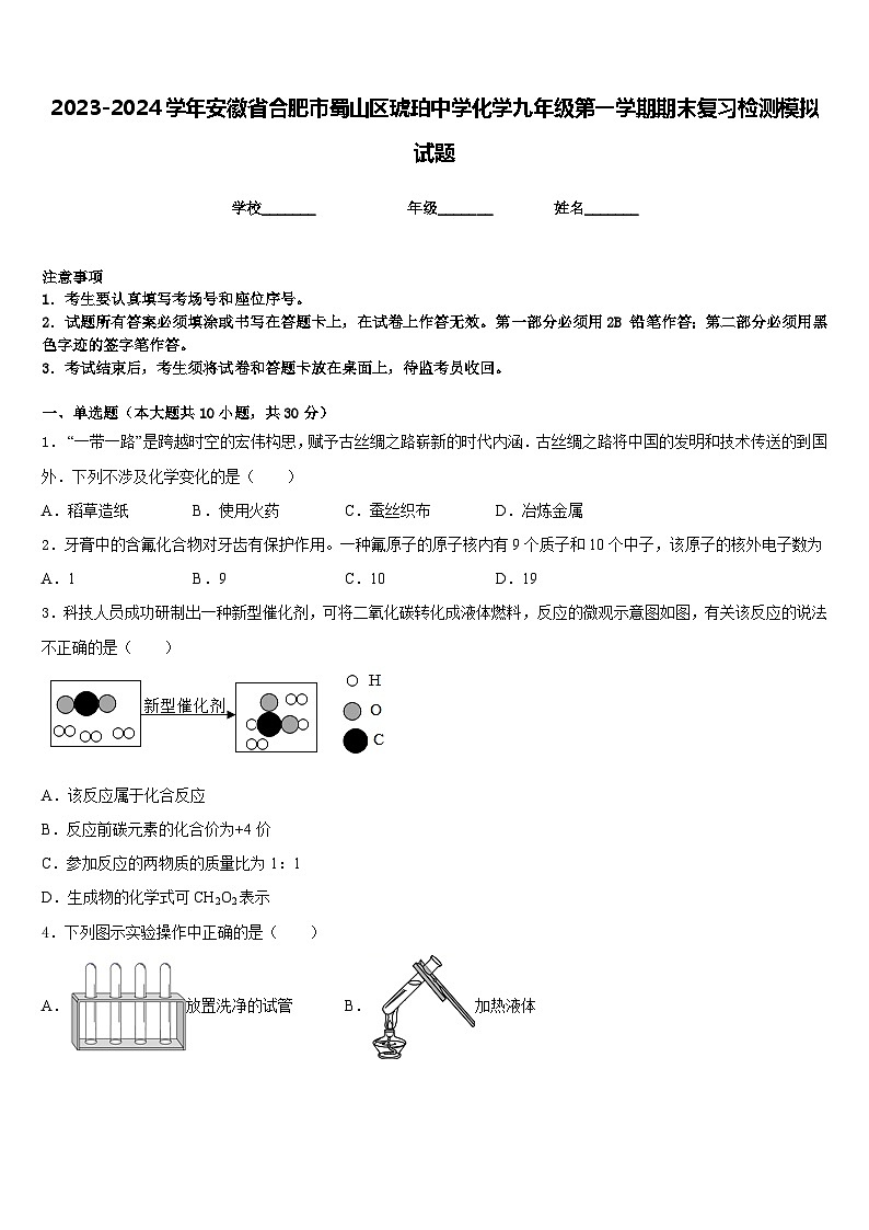 2023-2024学年安徽省合肥市蜀山区琥珀中学化学九年级第一学期期末复习检测模拟试题含答案第1页