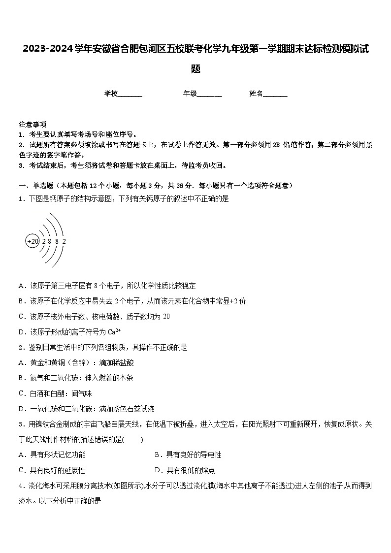 2023-2024学年安徽省合肥包河区五校联考化学九年级第一学期期末达标检测模拟试题含答案01