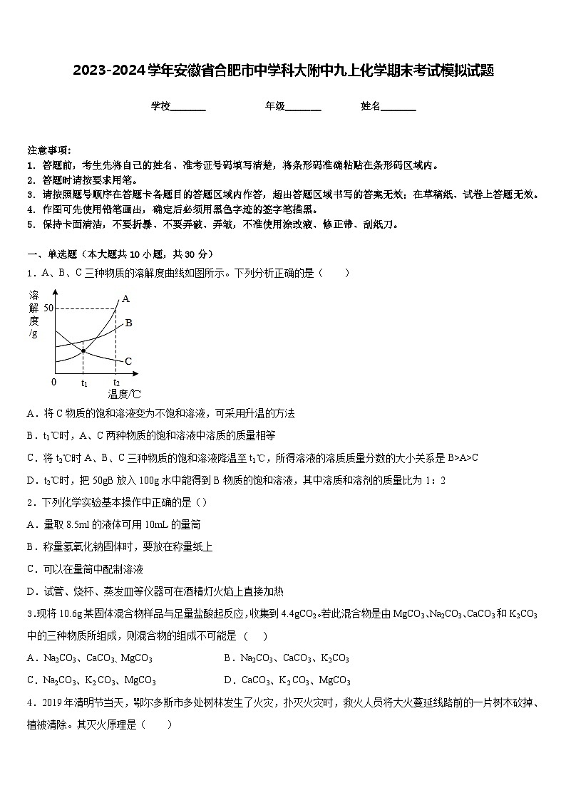 2023-2024学年安徽省合肥市中学科大附中九上化学期末考试模拟试题含答案第1页
