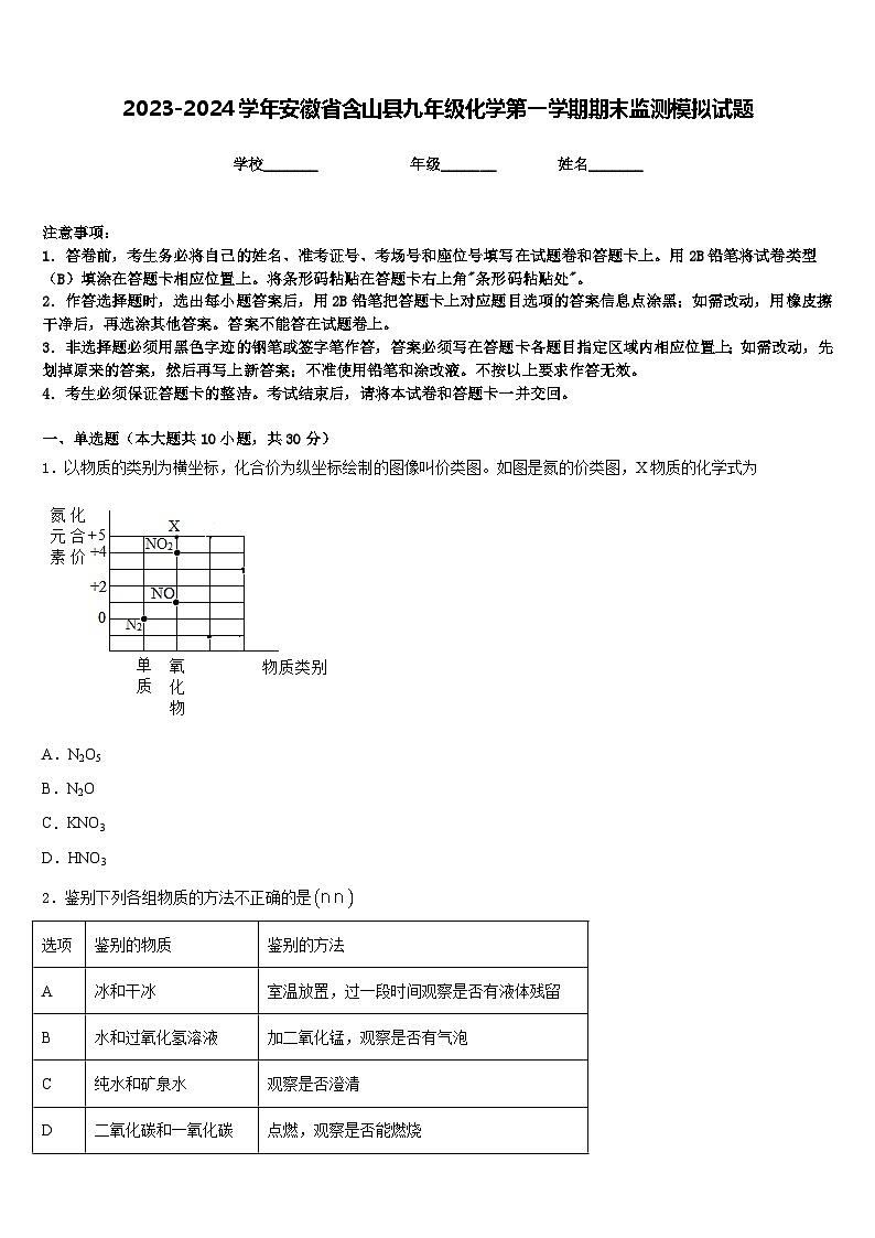 2023-2024学年安徽省含山县九年级化学第一学期期末监测模拟试题含答案第1页