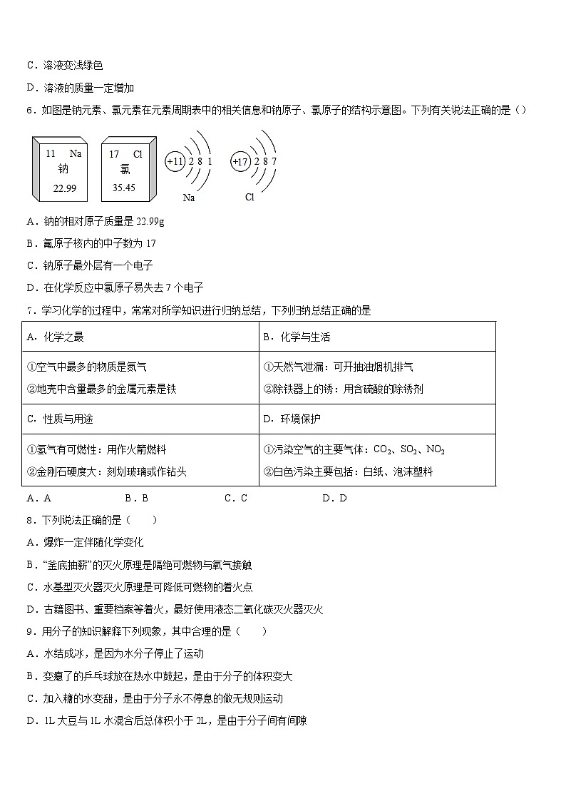 2023-2024学年安徽省合肥市、安庆市名校九年级化学第一学期期末质量跟踪监视试题含答案第2页