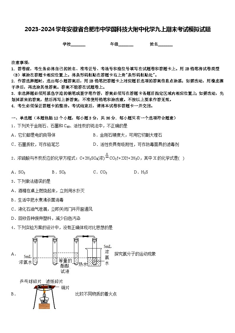 2023-2024学年安徽省合肥市中学国科技大附中化学九上期末考试模拟试题含答案第1页