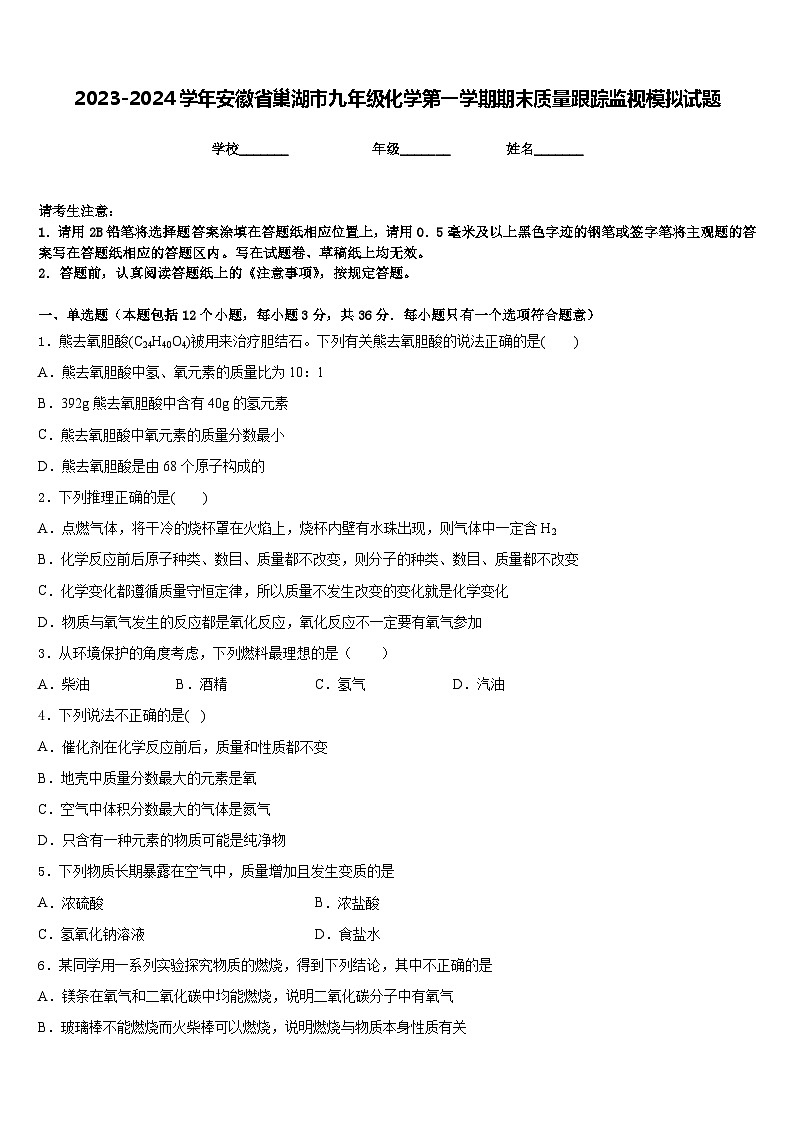 2023-2024学年安徽省巢湖市九年级化学第一学期期末质量跟踪监视模拟试题含答案01