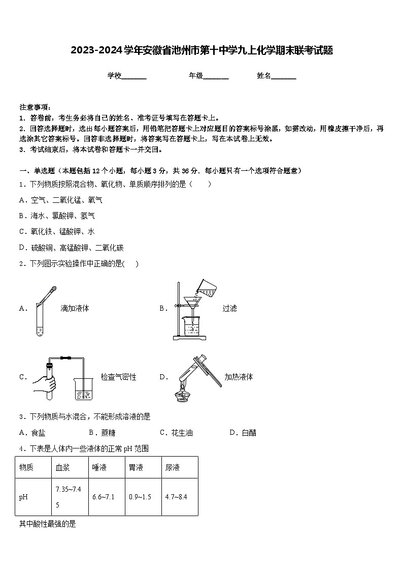 2023-2024学年安徽省池州市第十中学九上化学期末联考试题含答案第1页