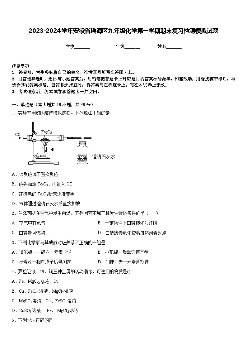 2023-2024学年安徽省瑶海区九年级化学第一学期期末复习检测模拟试题含答案第1页