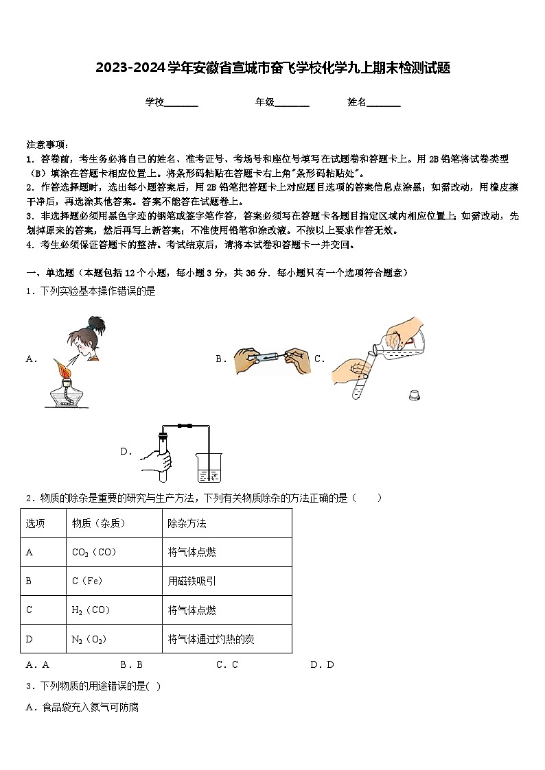 2023-2024学年安徽省宣城市奋飞学校化学九上期末检测试题含答案第1页