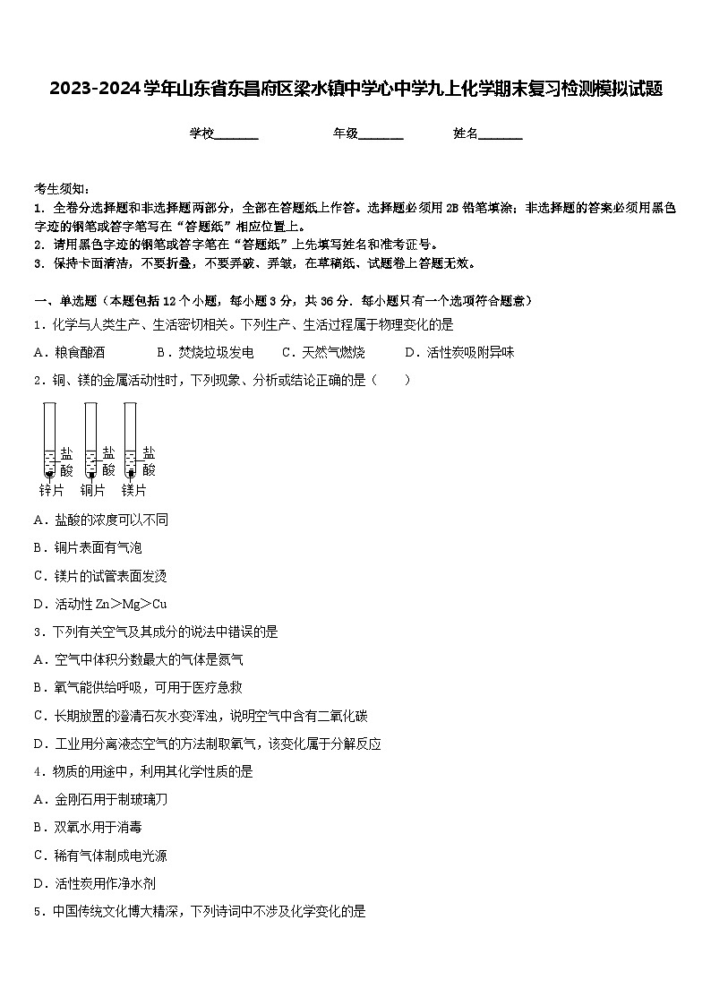 2023-2024学年山东省东昌府区梁水镇中学心中学九上化学期末复习检测模拟试题含答案第1页