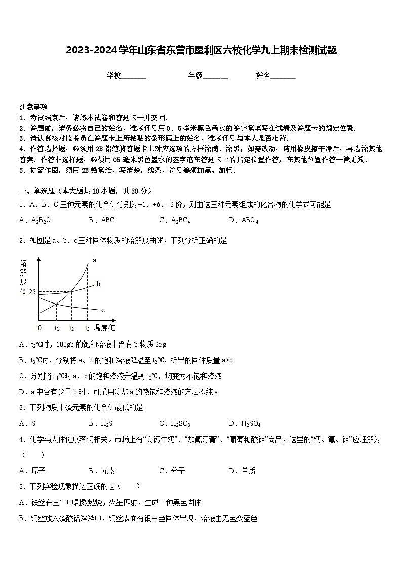 2023-2024学年山东省东营市垦利区六校化学九上期末检测试题含答案第1页