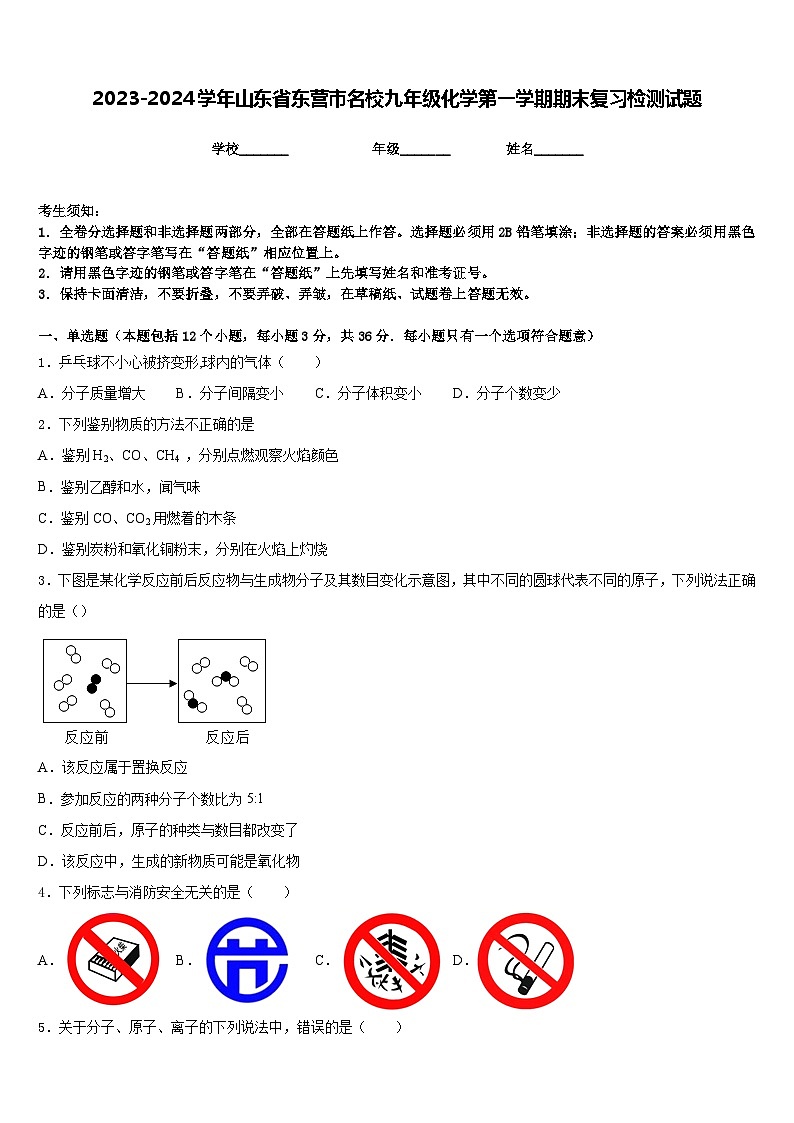 2023-2024学年山东省东营市名校九年级化学第一学期期末复习检测试题含答案第1页