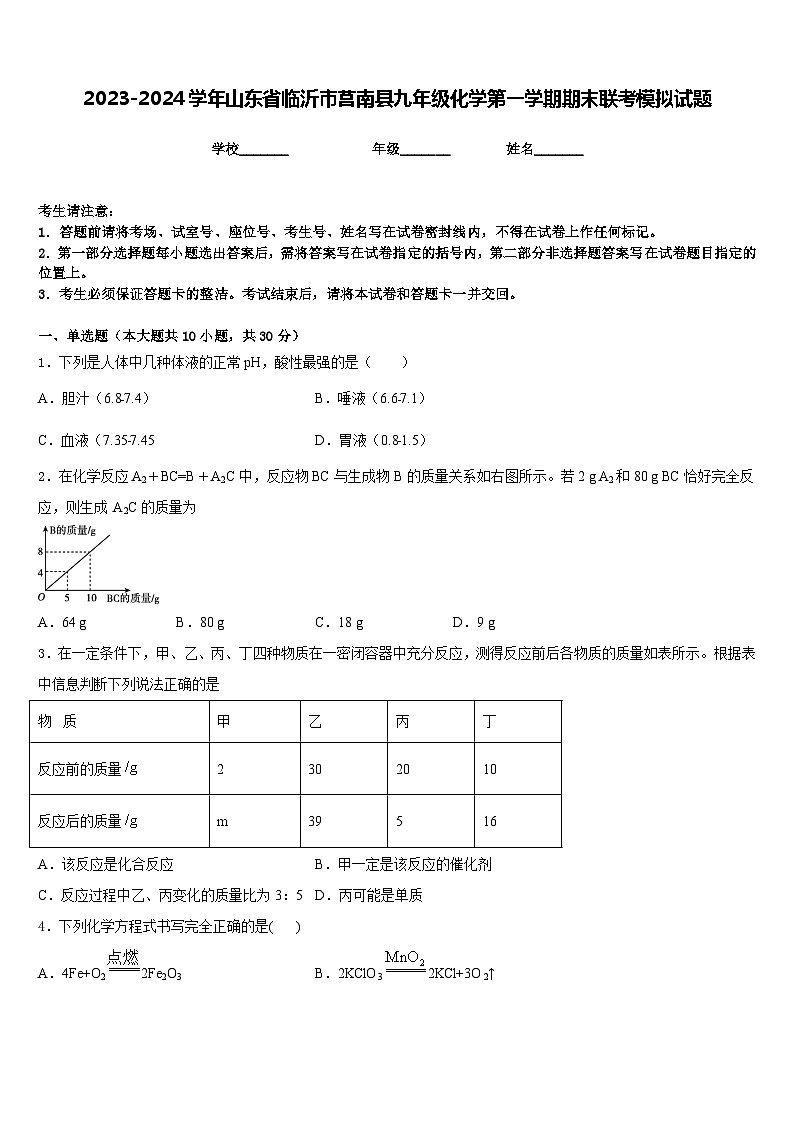 2023-2024学年山东省临沂市莒南县九年级化学第一学期期末联考模拟试题含答案第1页