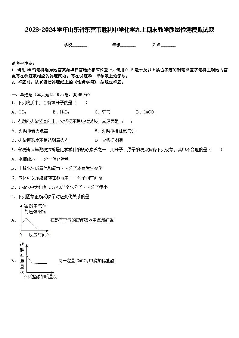 2023-2024学年山东省东营市胜利中学化学九上期末教学质量检测模拟试题含答案第1页