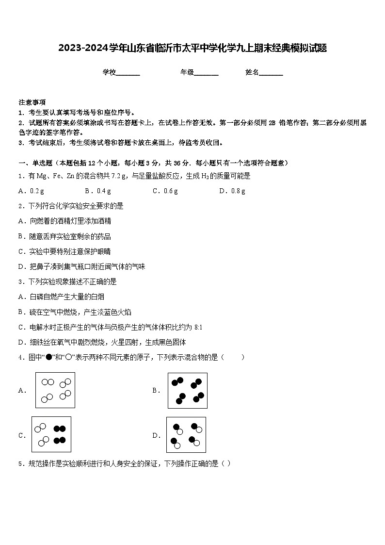 2023-2024学年山东省临沂市太平中学化学九上期末经典模拟试题含答案第1页