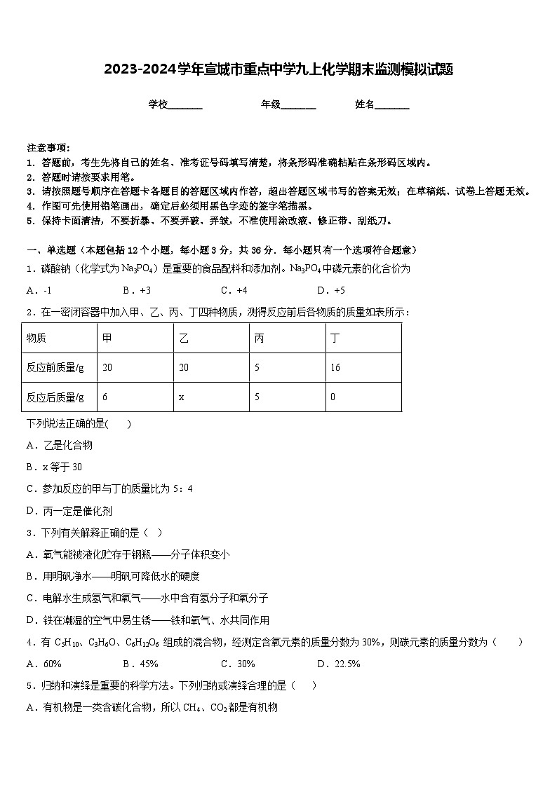 2023-2024学年宣城市重点中学九上化学期末监测模拟试题含答案第1页