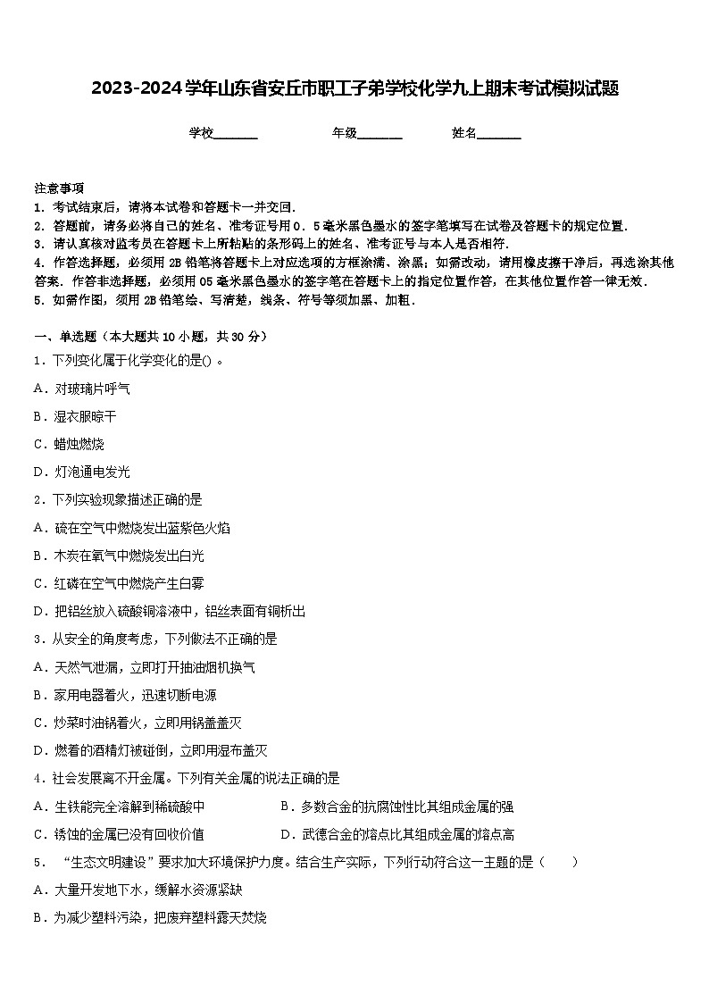 2023-2024学年山东省安丘市职工子弟学校化学九上期末考试模拟试题含答案01