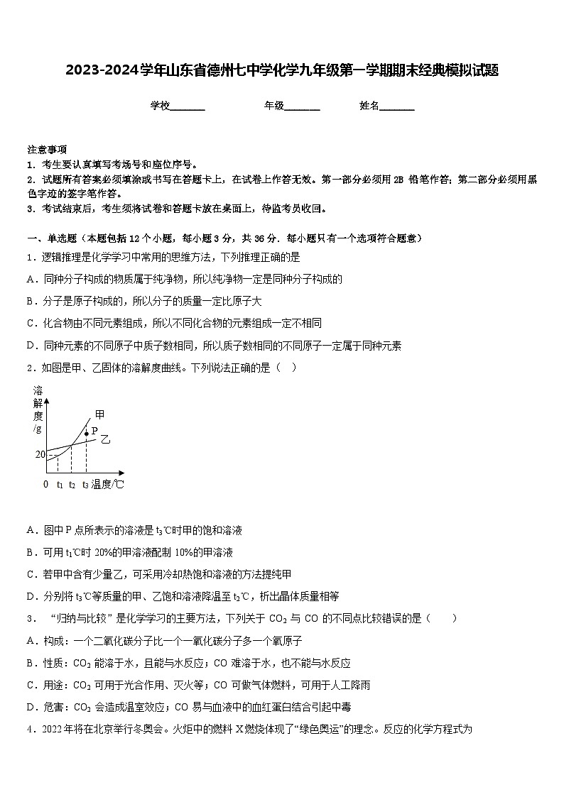 2023-2024学年山东省德州七中学化学九年级第一学期期末经典模拟试题含答案01