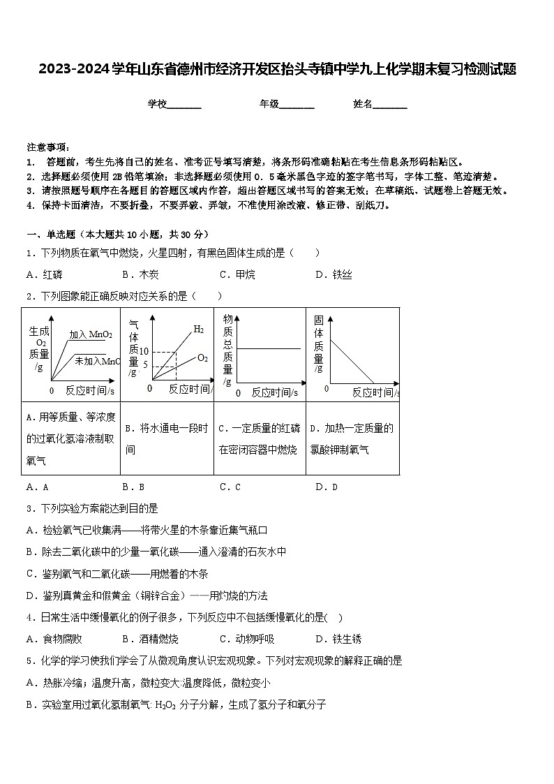 2023-2024学年山东省德州市经济开发区抬头寺镇中学九上化学期末复习检测试题含答案第1页