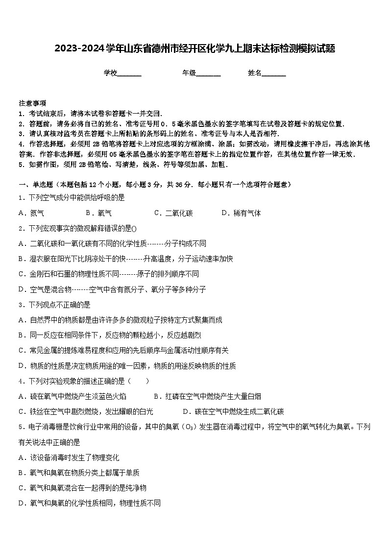 2023-2024学年山东省德州市经开区化学九上期末达标检测模拟试题含答案第1页