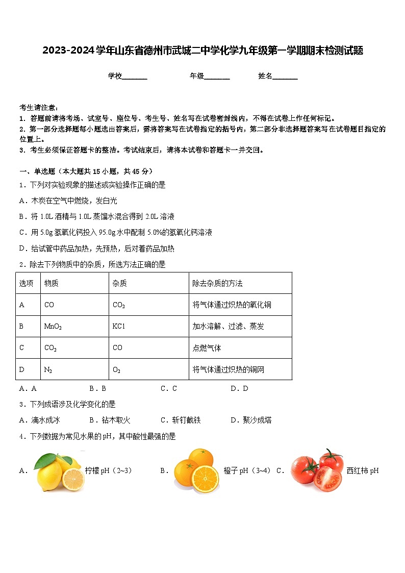 2023-2024学年山东省德州市武城二中学化学九年级第一学期期末检测试题含答案01