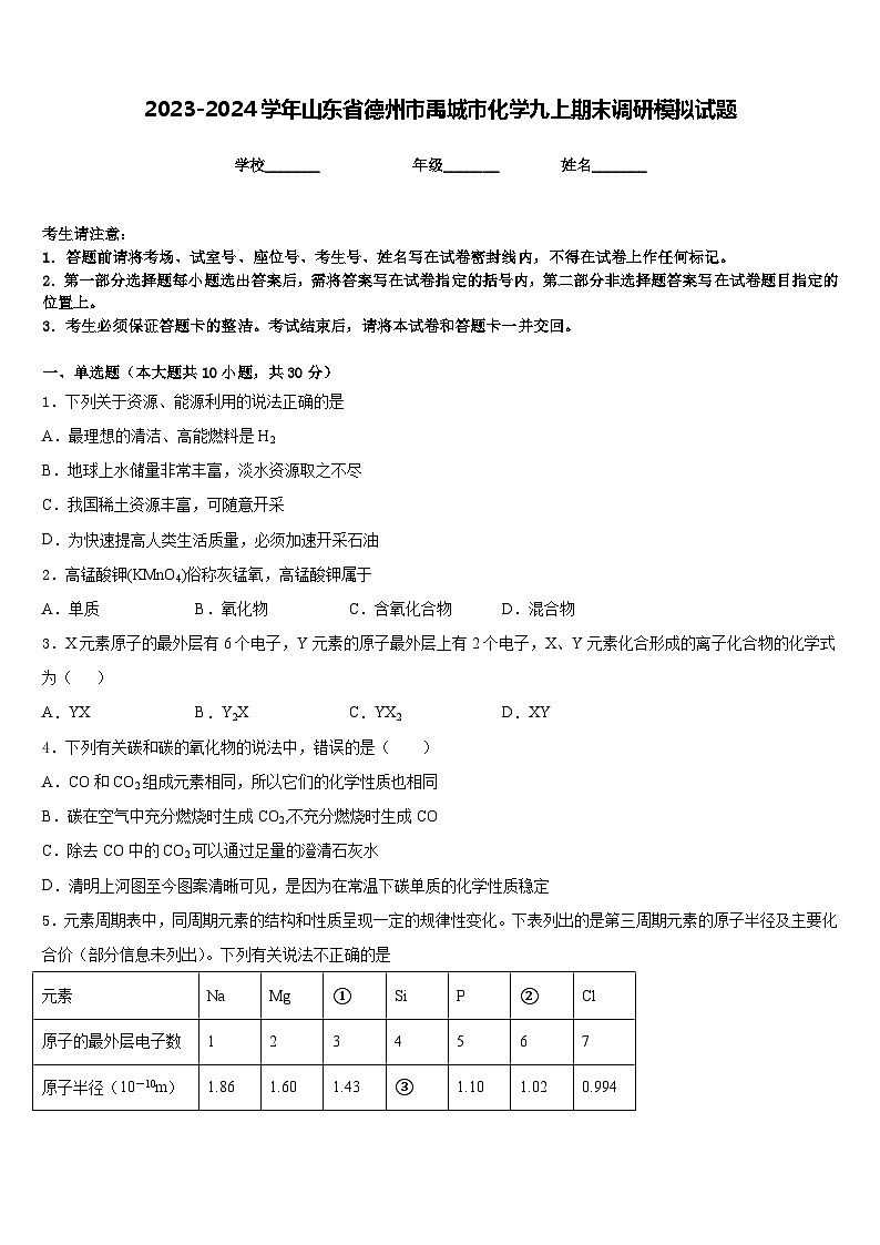 2023-2024学年山东省德州市禹城市化学九上期末调研模拟试题含答案第1页