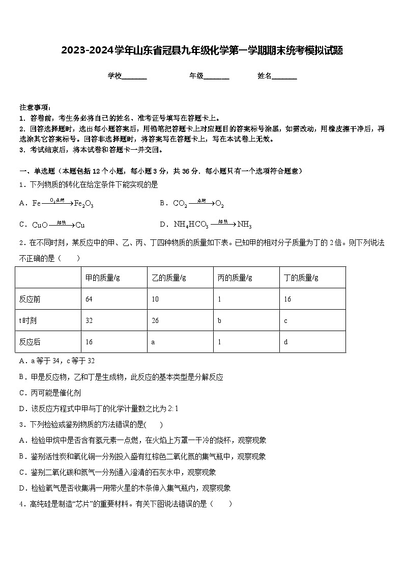 2023-2024学年山东省冠县九年级化学第一学期期末统考模拟试题含答案01