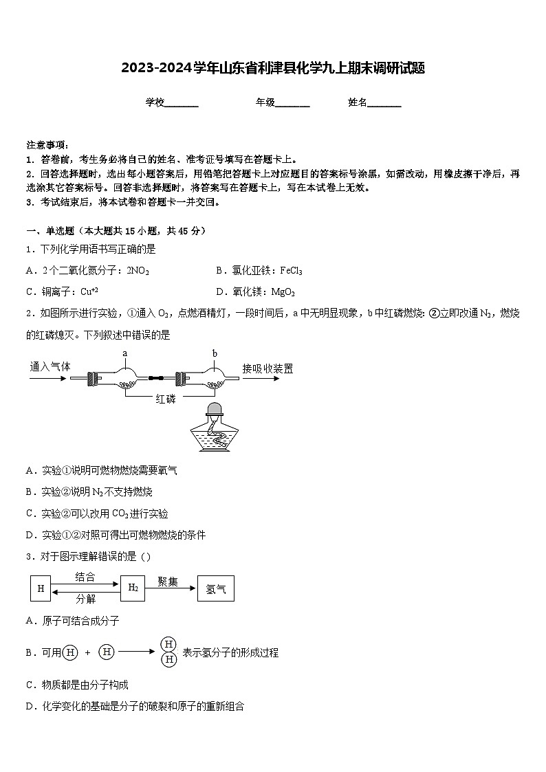 2023-2024学年山东省利津县化学九上期末调研试题含答案01
