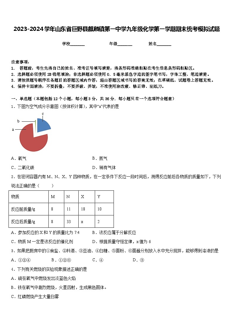 2023-2024学年山东省巨野县麒麟镇第一中学九年级化学第一学期期末统考模拟试题含答案第1页