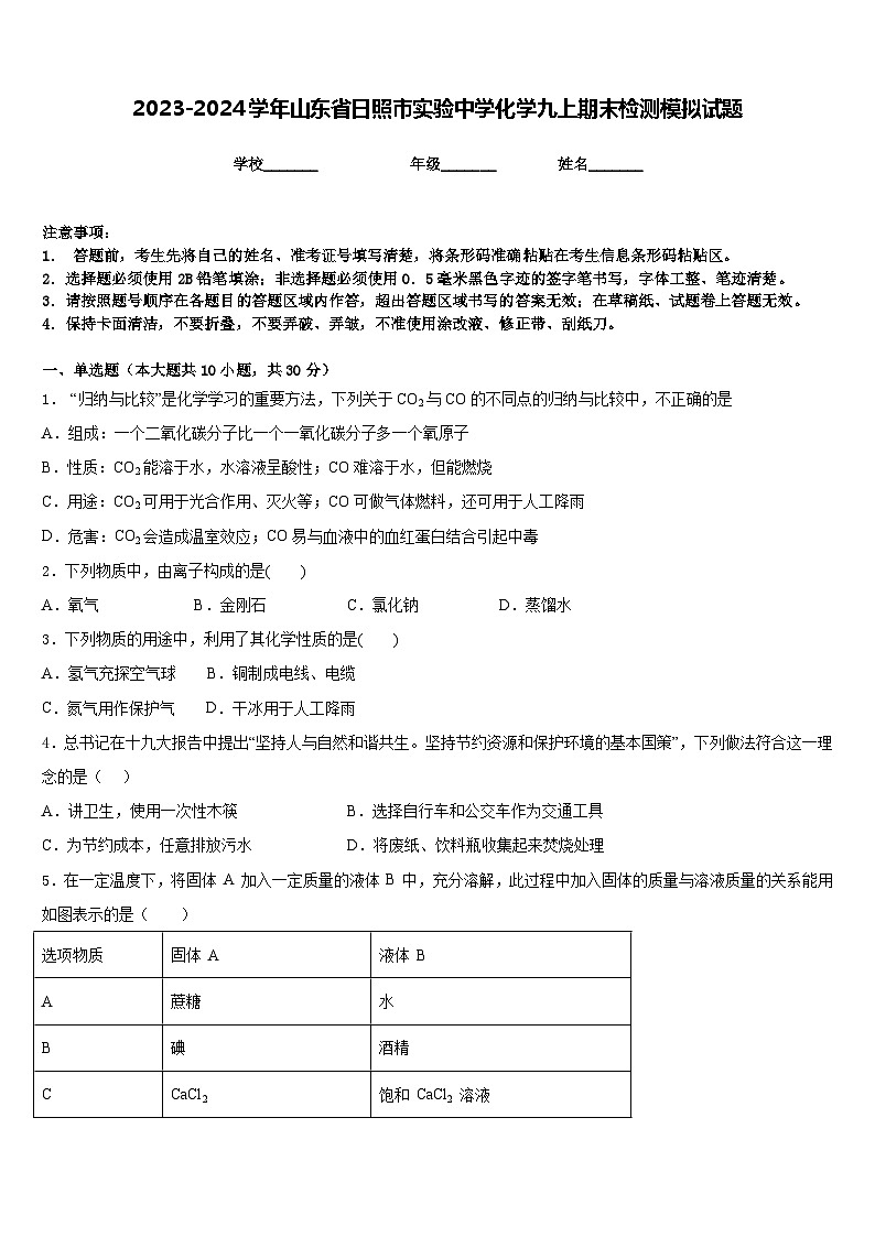2023-2024学年山东省日照市实验中学化学九上期末检测模拟试题含答案01