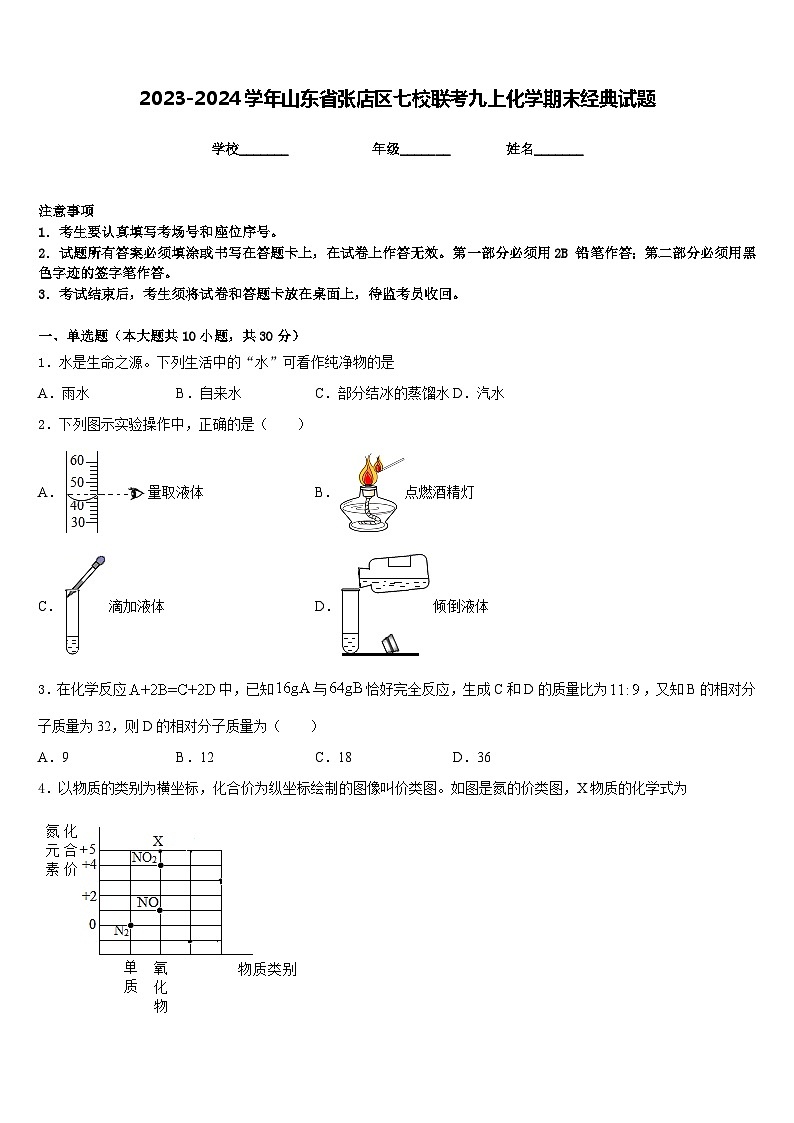 2023-2024学年山东省张店区七校联考九上化学期末经典试题含答案第1页