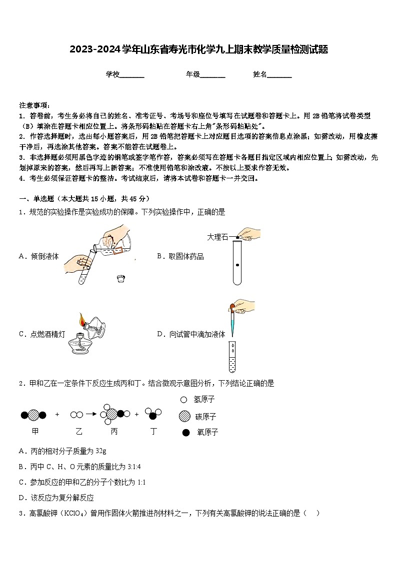 2023-2024学年山东省寿光市化学九上期末教学质量检测试题含答案第1页
