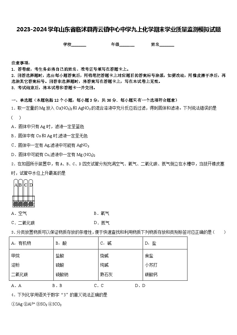2023-2024学年山东省临沭县青云镇中心中学九上化学期末学业质量监测模拟试题含答案01