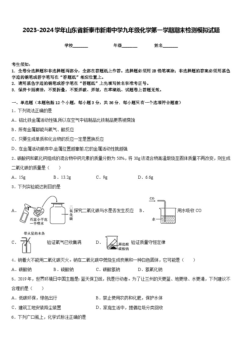 2023-2024学年山东省新泰市新甫中学九年级化学第一学期期末检测模拟试题含答案01