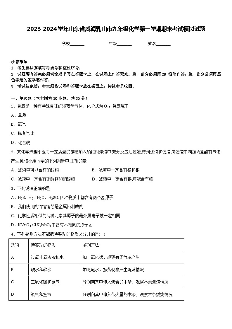 2023-2024学年山东省威海乳山市九年级化学第一学期期末考试模拟试题含答案第1页