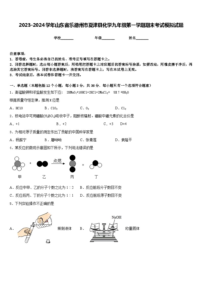 2023-2024学年山东省乐德州市夏津县化学九年级第一学期期末考试模拟试题含答案第1页