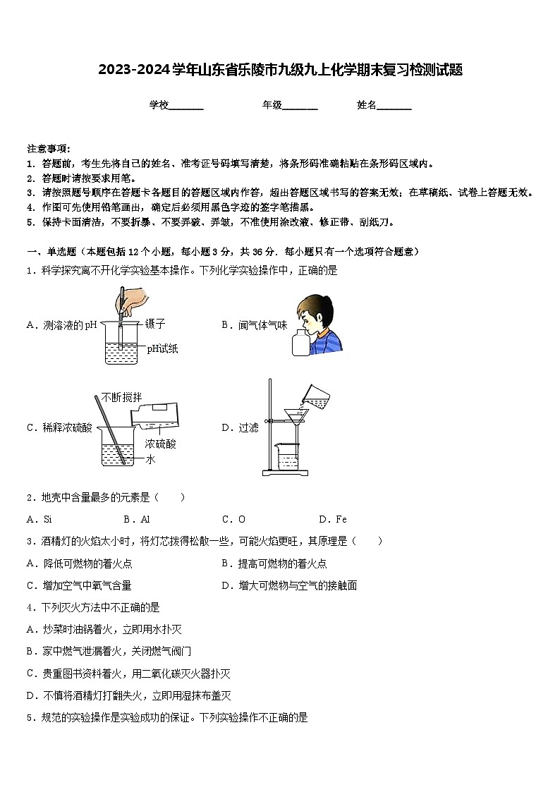 2023-2024学年山东省乐陵市九级九上化学期末复习检测试题含答案01