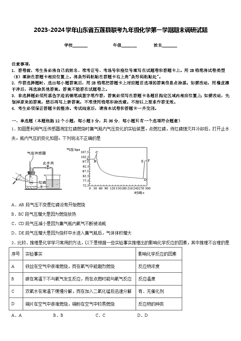 2023-2024学年山东省五莲县联考九年级化学第一学期期末调研试题含答案第1页