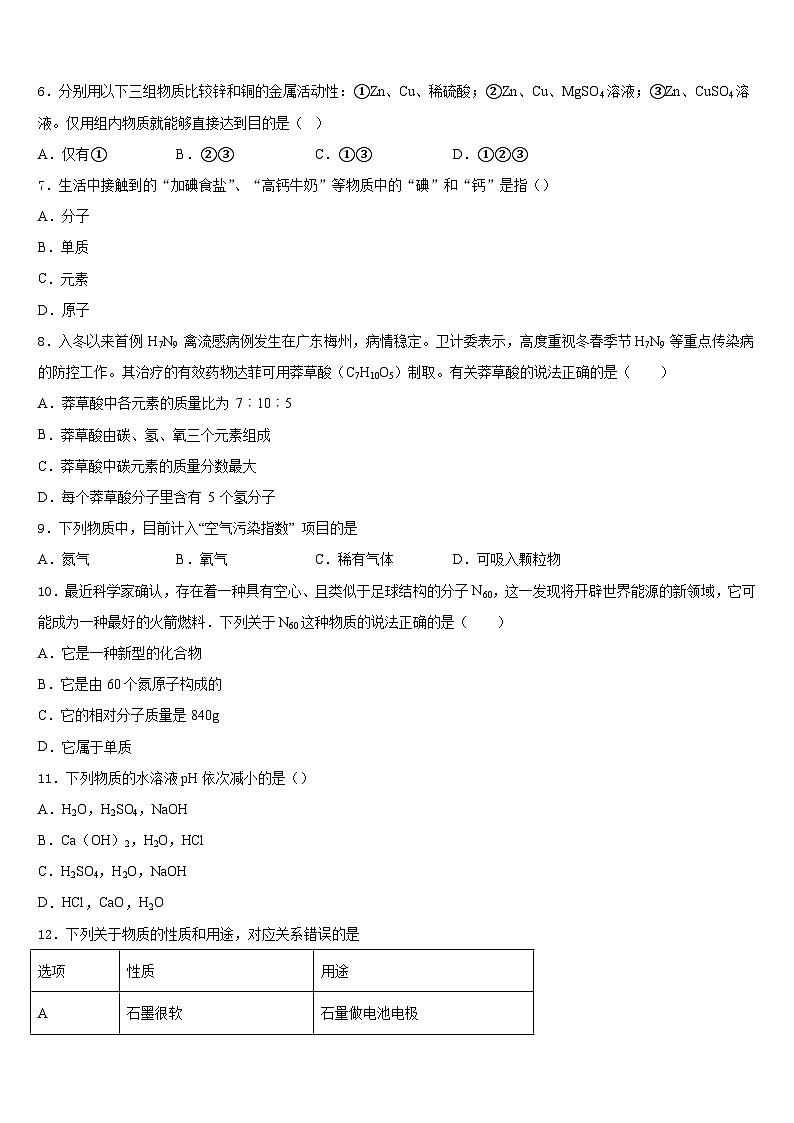 2023-2024学年山东省五莲于里中学化学九年级第一学期期末学业质量监测试题含答案第2页