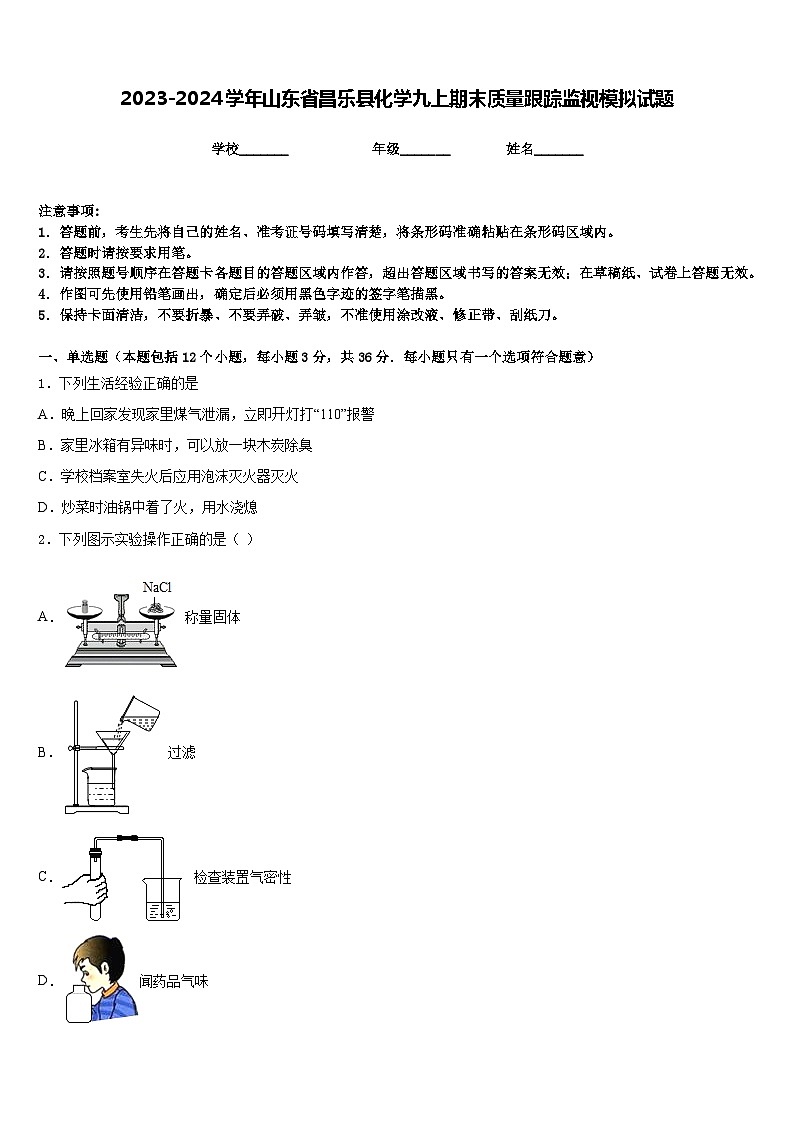2023-2024学年山东省昌乐县化学九上期末质量跟踪监视模拟试题含答案第1页