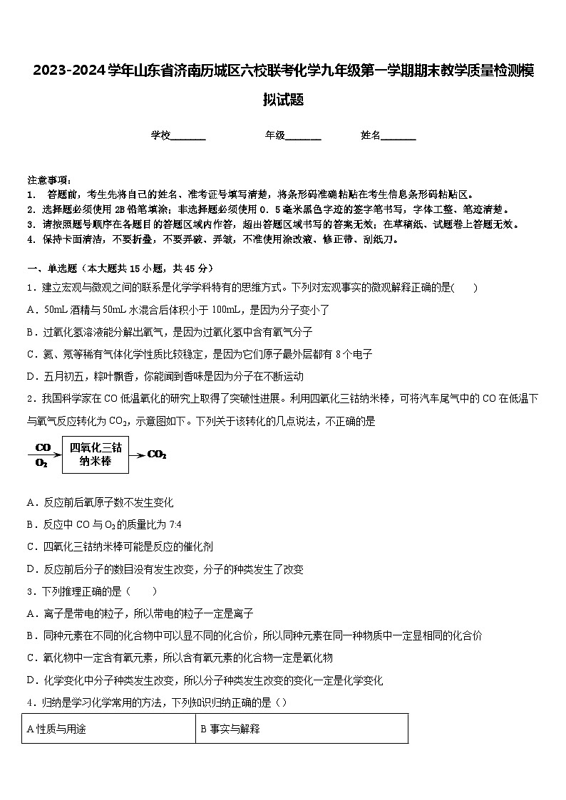 2023-2024学年山东省济南历城区六校联考化学九年级第一学期期末教学质量检测模拟试题含答案第1页