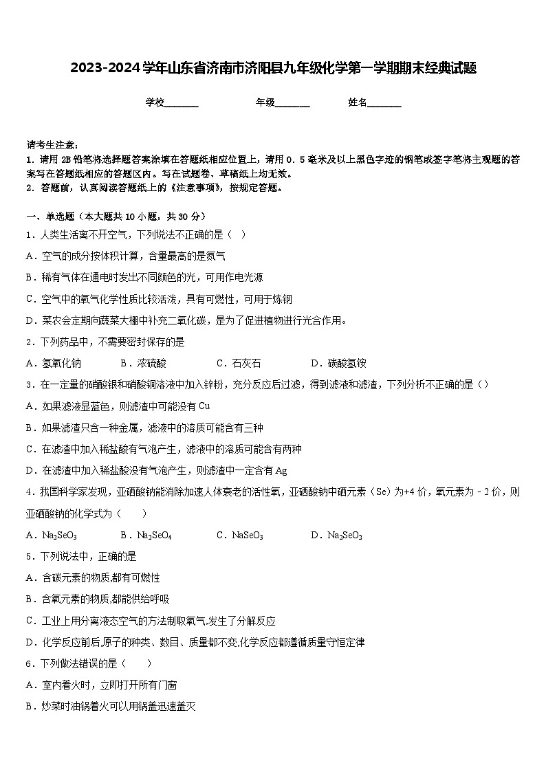 2023-2024学年山东省济南市济阳县九年级化学第一学期期末经典试题含答案第1页