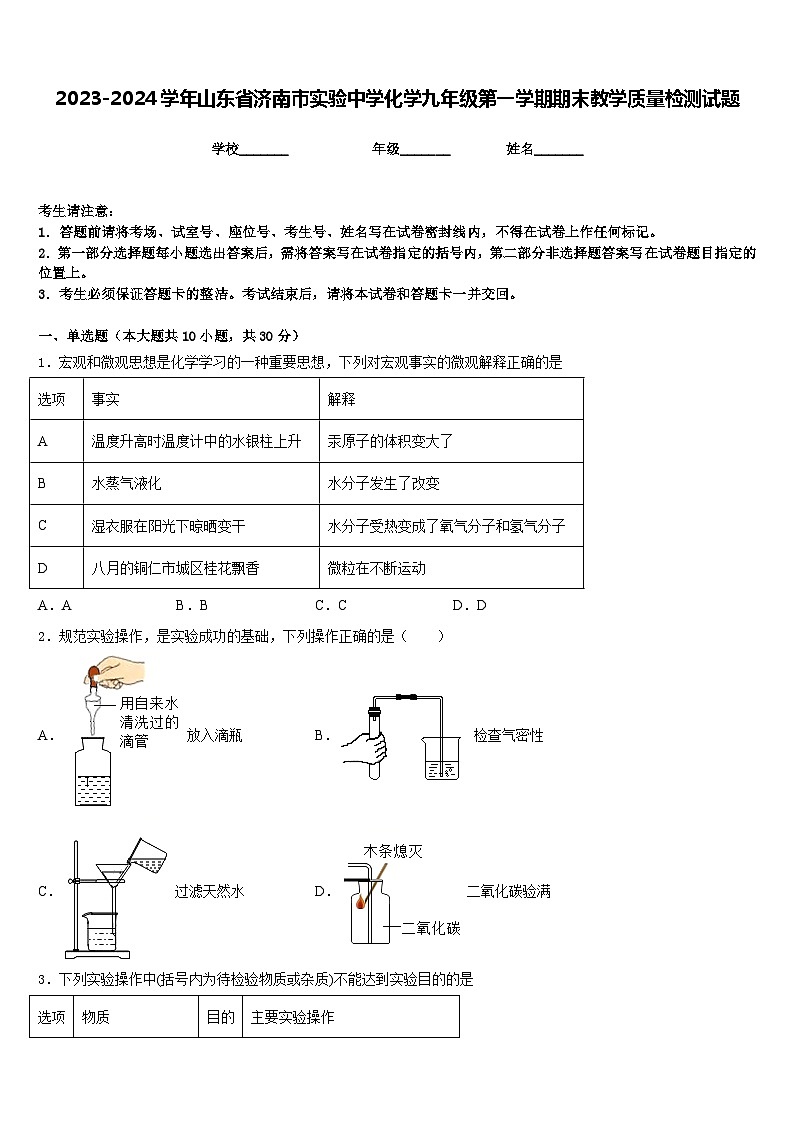 2023-2024学年山东省济南市实验中学化学九年级第一学期期末教学质量检测试题含答案01