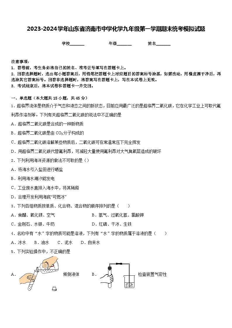 2023-2024学年山东省济南市中学化学九年级第一学期期末统考模拟试题含答案第1页