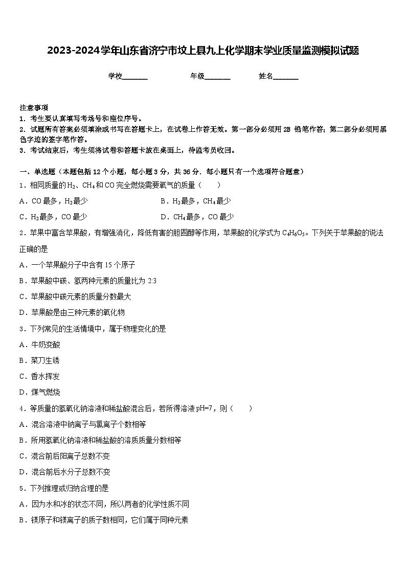 2023-2024学年山东省济宁市坟上县九上化学期末学业质量监测模拟试题含答案01