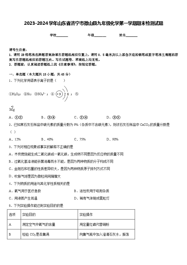 2023-2024学年山东省济宁市微山县九年级化学第一学期期末检测试题含答案第1页