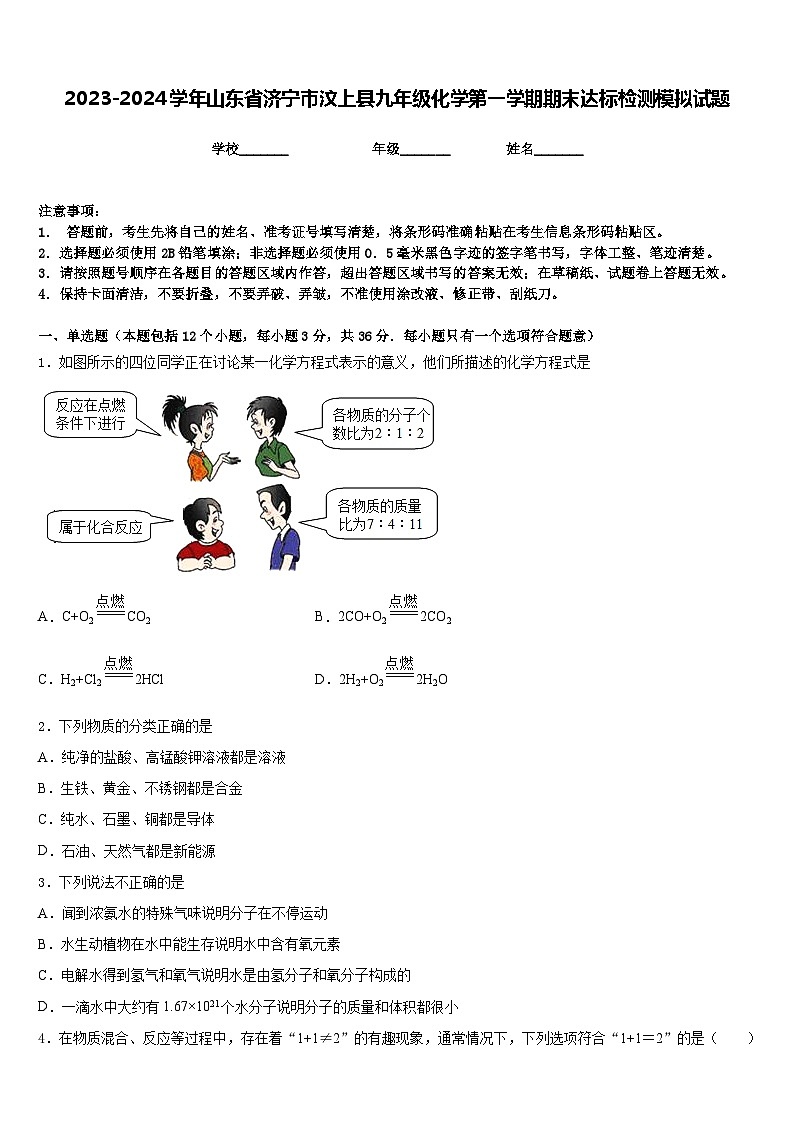 2023-2024学年山东省济宁市汶上县九年级化学第一学期期末达标检测模拟试题含答案01