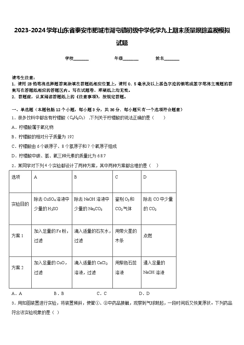 2023-2024学年山东省泰安市肥城市湖屯镇初级中学化学九上期末质量跟踪监视模拟试题含答案第1页