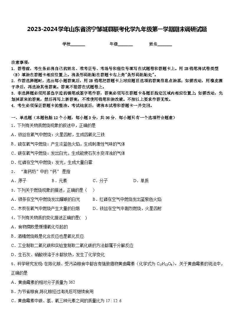 2023-2024学年山东省济宁邹城县联考化学九年级第一学期期末调研试题含答案第1页